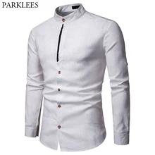 Мужская рубашка из чистого белого льна с воротником-стойкой и длинным рукавом, мужские рубашки, повседневные деловые рубашки для работы размера плюс, мужские рубашки