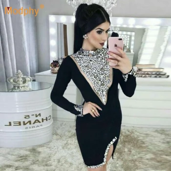 

2019 spring women's bandage dress Bodycon Vestidos black long sleeve lace luxury diamond sexy nightclub clothing celebrity party
