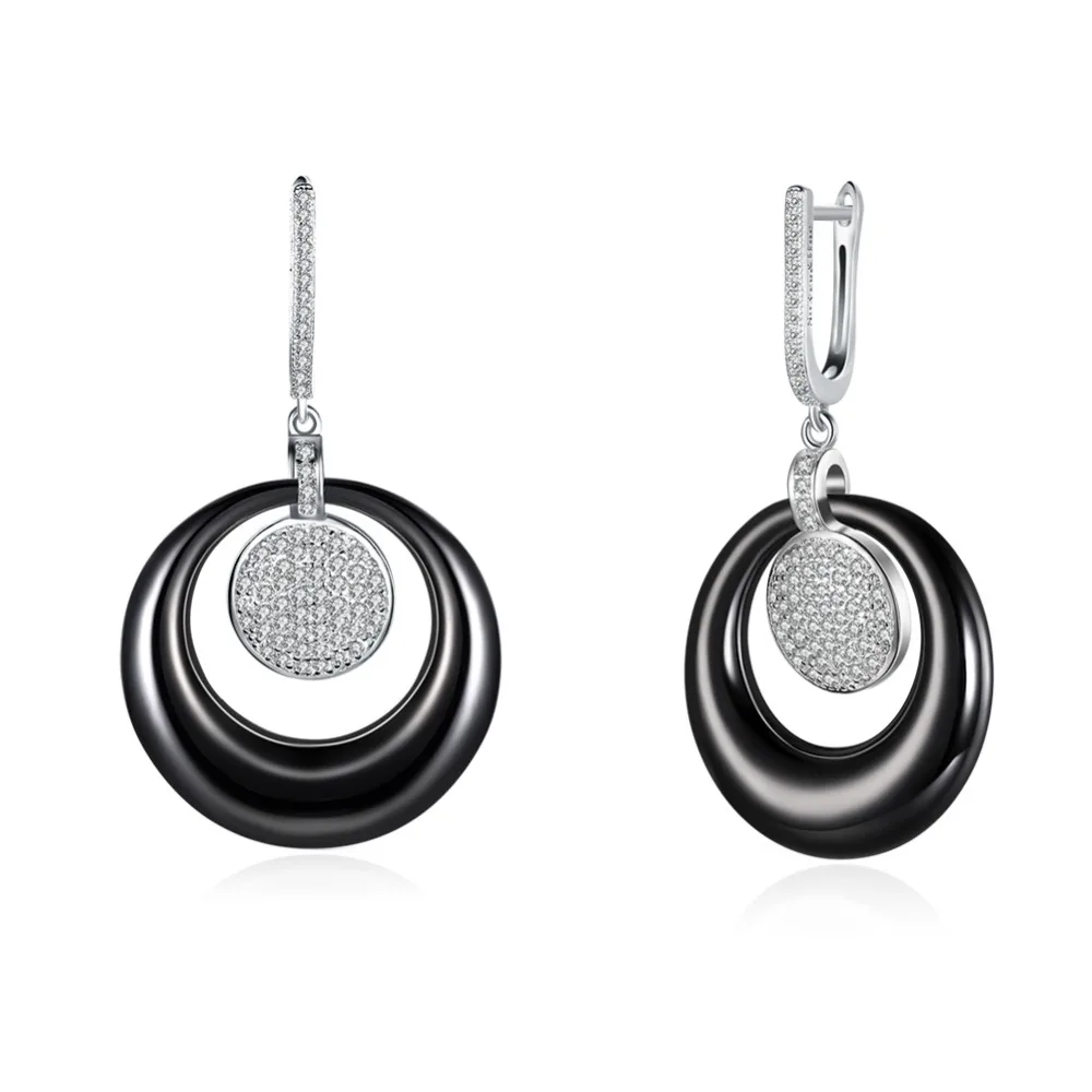 

925 silver Fine Jewelry Black / White Ceramic Dangle Earrings 925 Sterling Silver Crystals Round Drop Earrings for Woman Gift
