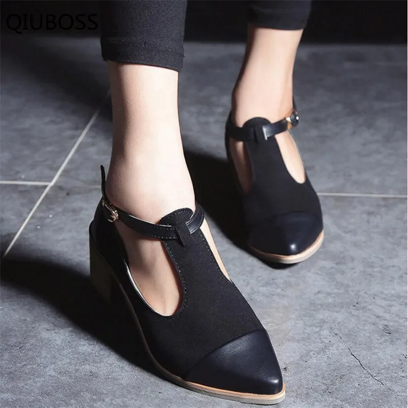 

QIUBOSS New Spring Low Heels Oxford Women Shoe Women Pointed Toe Cut Out Med Heel Patchwork Buckle Ladies Shoes Flats Q163