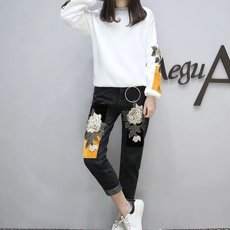 Femme yellow Automne Pull Cheville S Femmes Fleurs black Longueur White 5xl Vêtements Hiver Broderie Costume Grande Occasionnel Taille Set Ensemble Pulls Pantalon wq8x1fBw