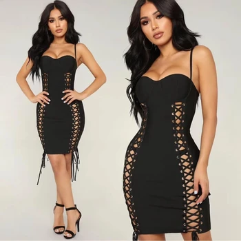 

2018 New Sexy Autumn Balck Hollow Out Spaghetti Strap Bandage Dress Lace Up Solid Bodycon Vestidos Party Night Out Backless