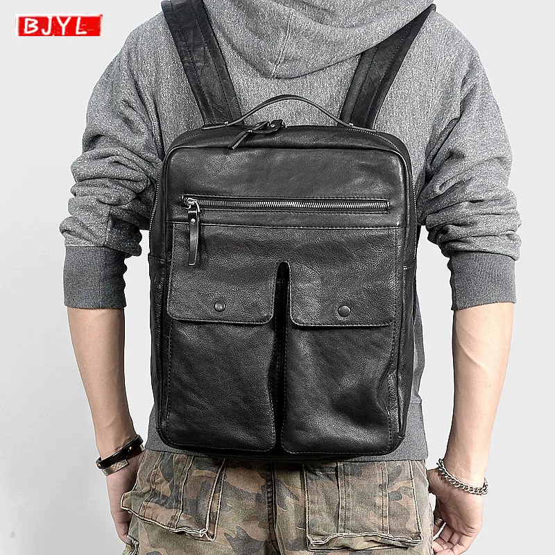 

BJYL First layer cowhide Men backpack vegetable tanned leather travel backpack casual shoulder bag men's computer bag backpacks