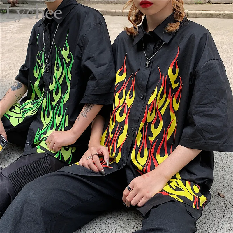 Lychee Harajuku женская блузка с принтом пламени рубашка отложным воротником короткий