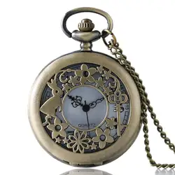 Мода Бронзовый ключ кролик цветок полые ретро кварцевые карманные часы Цепочки и ожерелья цепь FOB подарки часы-Прямая доставка