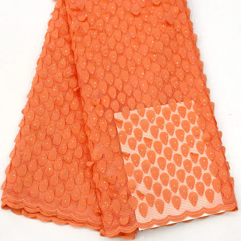 

plain orange soft Hand cut french lace solid color embroidery African tulle fabric with lots of stones high quality 5yards RG504