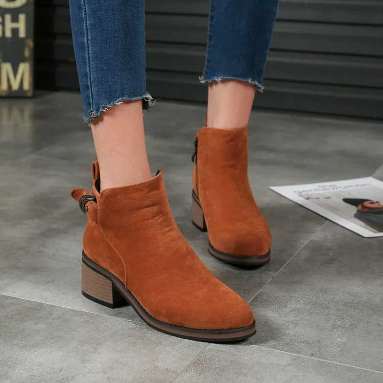 

Big Size 11 12 13 High-heeled metal buckle with pointed head and decorative side zipper Short-barrel Martin boots