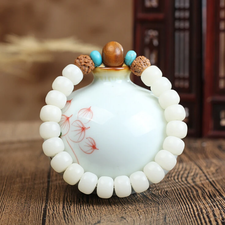 

7x9mm Natural White Bodhi Root Beads Hand String Single Circle Bracelet Wood Lotus Charm Bracelet Fine Original Female Jewelry