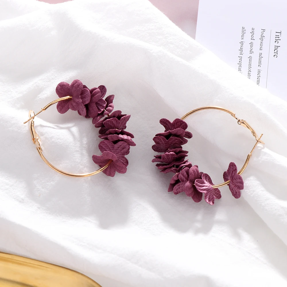 Elegant Fabric Flower Hoop Earrings Bijoux Sweety Colourful Petal Alloy