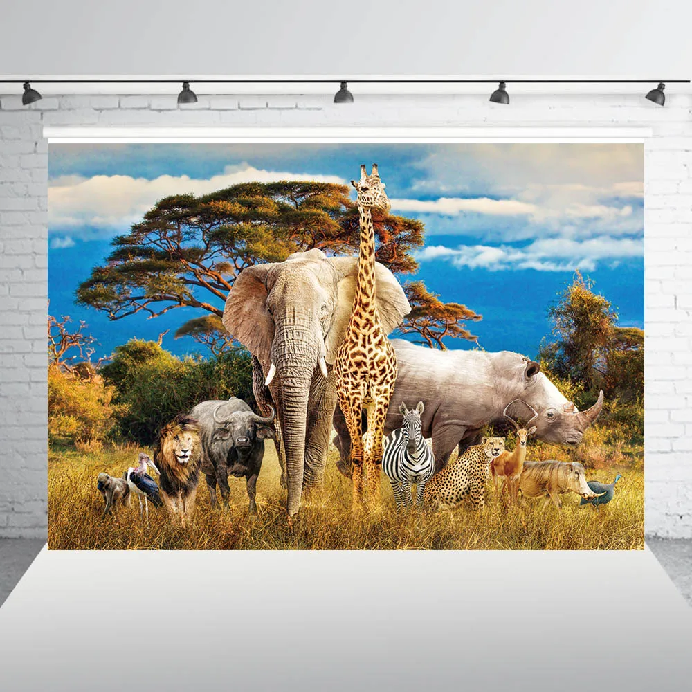 HUAYI Jungle Safari Birthday Party Backdrop Tropical African Forest Wild Animal Elephant Background Photo Booth Props w-2040