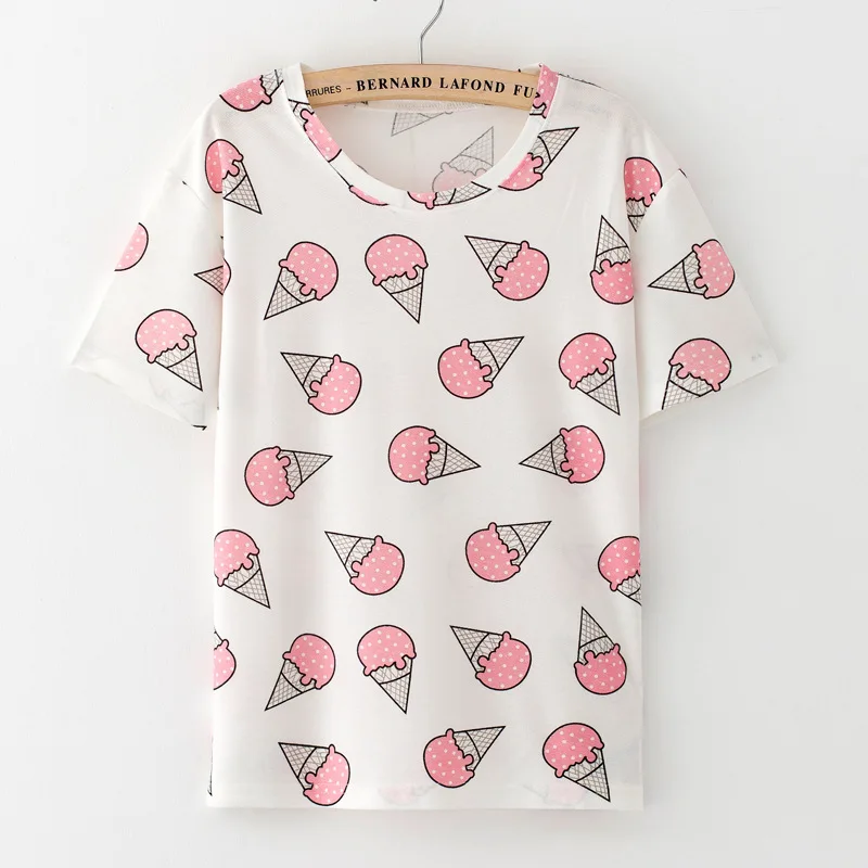 

CUHAKCI Print Tops Short Sleeve Ice Cream Strawberry Cotton T-shirt Women Shirt Hot Tees O-neck Cute Casual t shirt 17 Colors