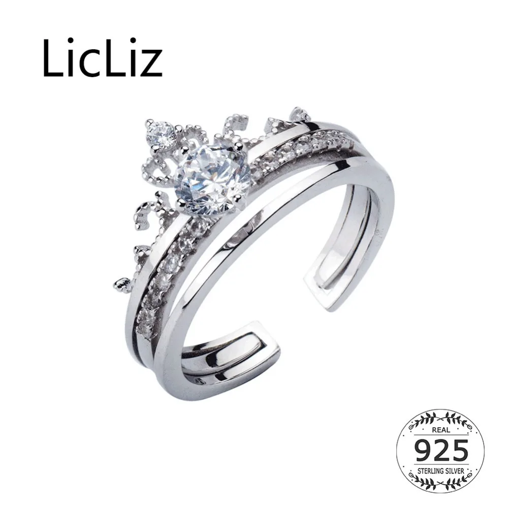 

LicLiz 2019 New 925 Sterling Silver CZ Crystal Crown Double Rings Set for Women Rose&White Gold Open Adjustable Jewelry LR0736