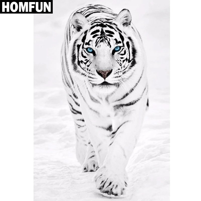 HOMFUN 5D Diamond Embroidery Needlework Kit White Tiger Animal Diy Diamond Painting Cross Stitch Home Decoration Gift