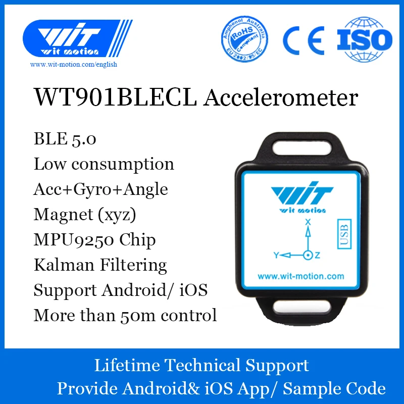 

WitMotion WT901BLECL BLE 5.0 Low-consumption 3 Axis Accelerometer+Gyroscope+Magnetometer MPU9250 For IOS/Android, 50meters range