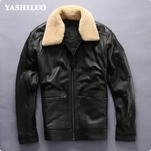 Высококачественное пальто на молнии для мужчин; модная повседневная мужская короткая куртка из натуральной овечьей кожи; черный меховой воротник; Размер 2XL