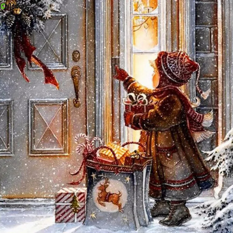 

European DIY Christmas eve snow gift girl full diamond embroidered wall stickers living room home decoration painting