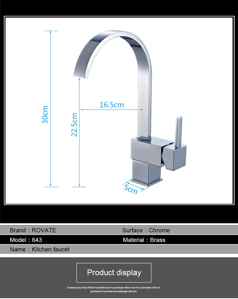 ROVATE Kitchen Faucet Single Handle Square Brass Chrome Swivel 360 Degree Water Mixer Sink Taps