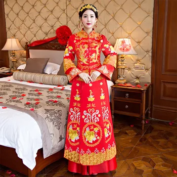 

Traditional Ladies Wedding Party Dress Red Dragon&Phoenix Qipao Royal Bride Marriage Set Toast Clothes Embroidery Cheongsam
