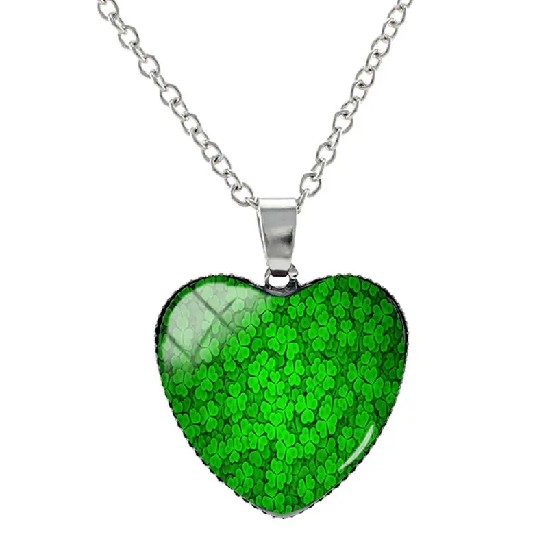 JWEIJIAO, зеленые растения, четырехлистный клевер, ожерелье s в форме сердца, стеклянный кабошон, фото, подвески, ожерелье, серебряный цвет, длинная цепочка HP215 - Окраска металла: QF315
