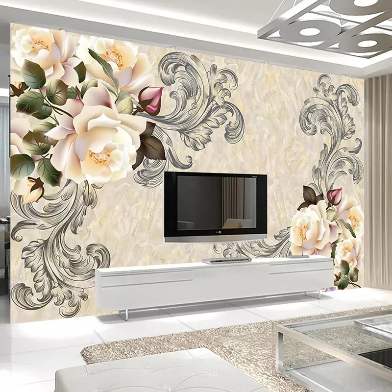 Пользовательские фото росписи обоев 3D Мрамор цветочным узором Гостиная ТВ фоне фрески Водонепроницаемый холст роспись стен обои
