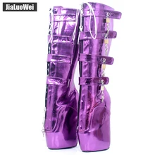 jialuowei 18CM Extreme High Heel Platform Lace-up Lockable Zip Padlock Buckle Strap Sexy Fetish Knee-High Boots Metallic Purple o ring zip up metallic skirt