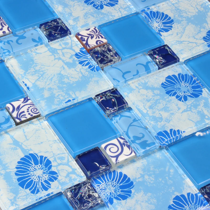 blue printed puzzle flower mosaic tiles EHGM1001A for kitchen