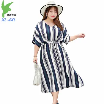 

New Fashion Striped Dress Women Plus size XL-4XL Short sleeve Belt Slim Maxi Dresses Female Button Tencel Cozy Dress Vestido G54