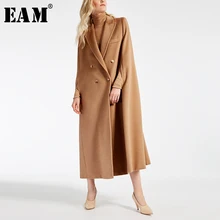 [EAM] 2019 Nuova Primavera Risvolto Manica Lunga Camel Pulsante Split Misto Allentato di Grande Formato Lungo Cappotto Di Lana Delle Donne parka di Modo JW881(China)