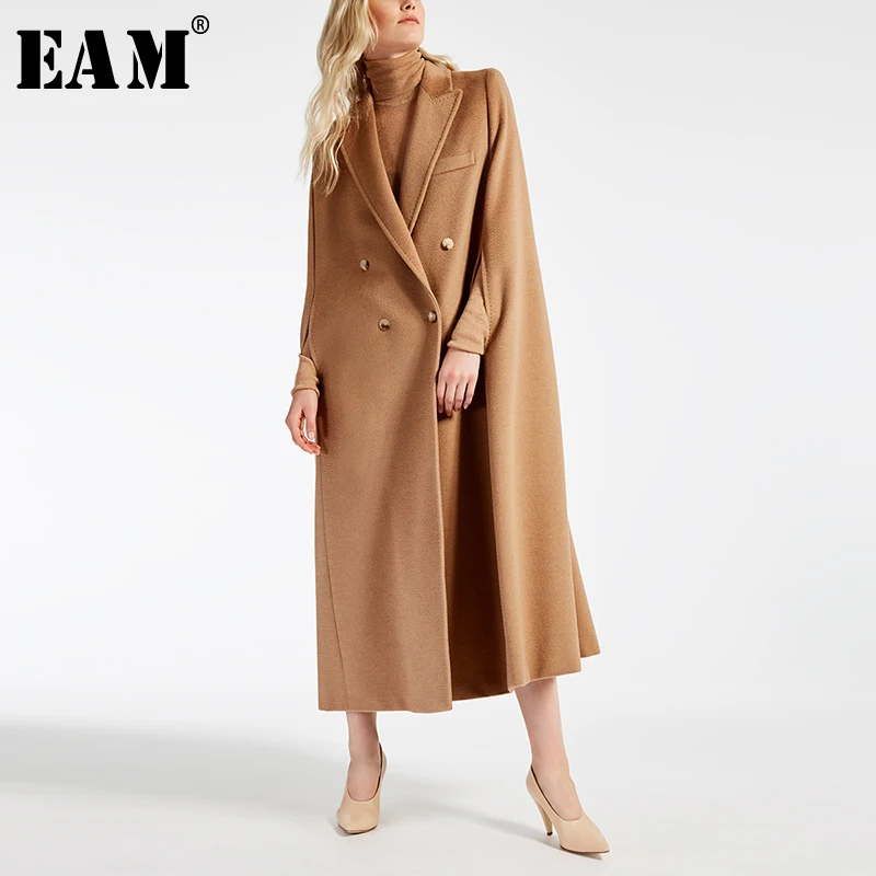 

[EAM] 2019 New Spring Lapel Long Sleeve Camel Button Split Joint Loose Big Size Long Woolen Coat Women Parkas Fashion JW881
