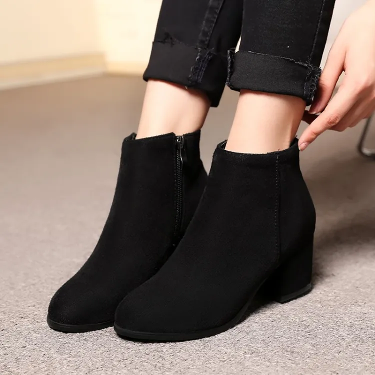 

Big Size 11 12 13 Ma'am Coarse heel Short boots short tube warm boots Side zipper Little round head contracted