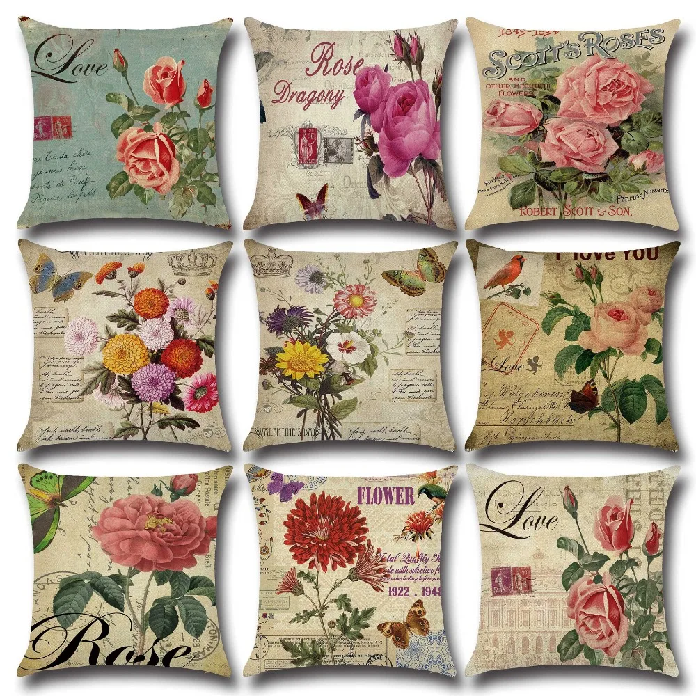 cheap Nordic Retro Vintage rose Linen cotton cushion case Polyester Home Decor Bedroom Art Decorative Sofa Car Throw Pillows