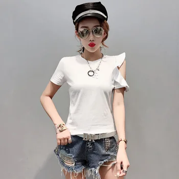 

Gkfnmt Summer White T shirt Women Tshirt Off Shoulder Ruffles Sleeve Plus Size T-Shirt Women Tops Black Tee Shirt Femme 2019
