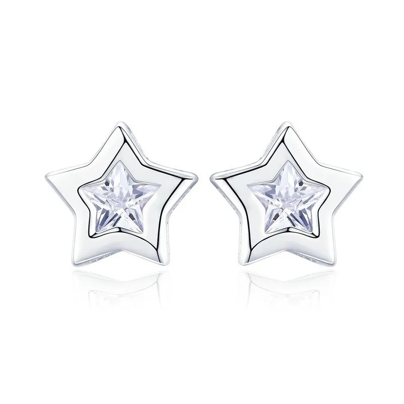 

New Arrival 925 Sterling Silver Sparkling Star Cubic Zircon Small Stud Earrings for Women Earrings Jewelry SCE437 BAMOER