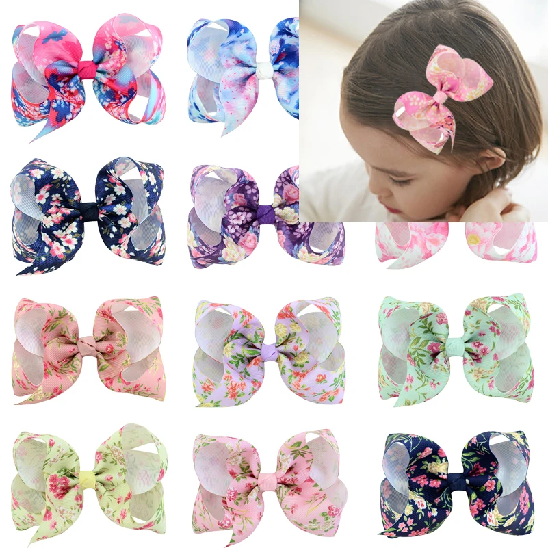 

6pcs/lot 4 Inch Print Floral Hair Bows Boutique Handmade Hairpins Children Girls Barrettes Fashion Flower Hair Accessories