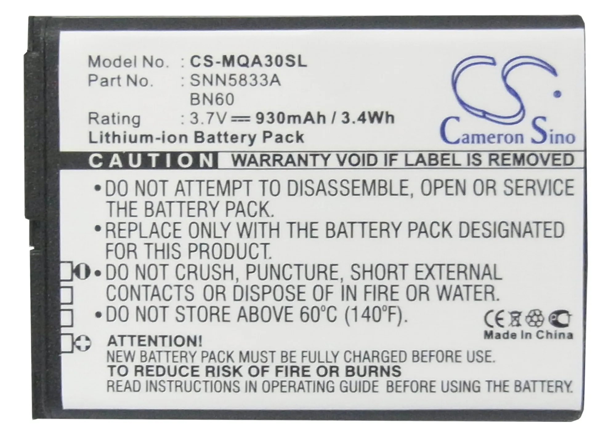 

Cameron Sino 930mAh Battery BN10, BN60, BN61,SNN5833A for Motorola A45,QA30,I856, QA1 ,V860, V860 Barrage, VU30 Rapture, W845,