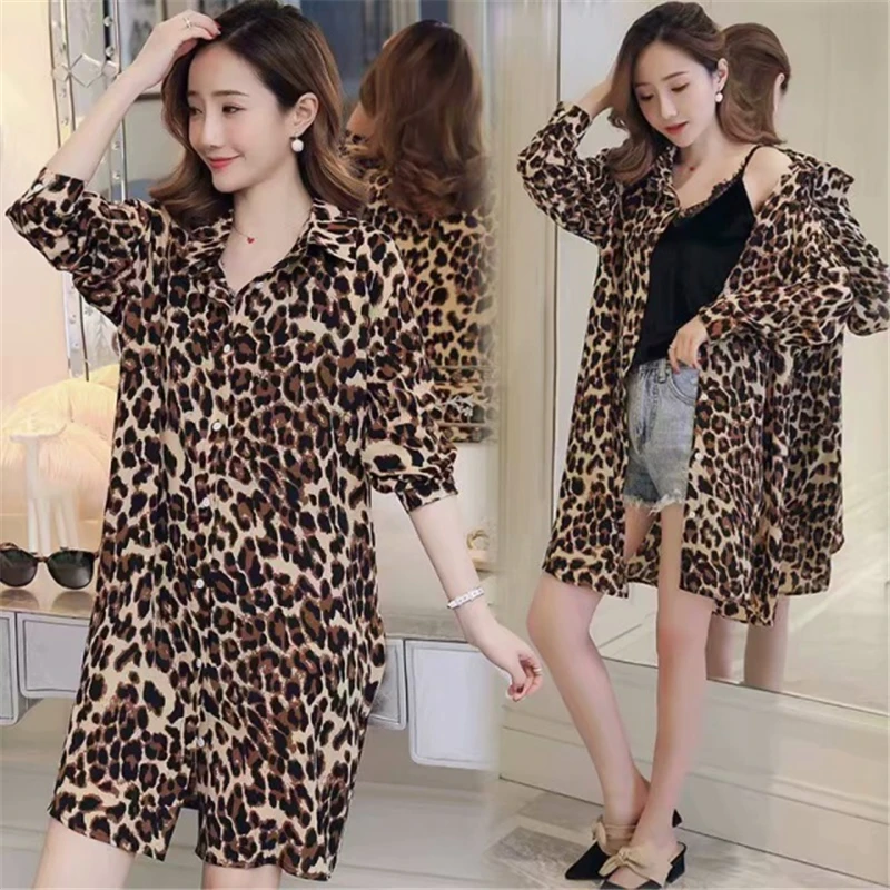 

Blouse Ladies'Loose Blouse 2019 Spring Garment Size Mid-long Leopard-print Blouse Thin Open Shir