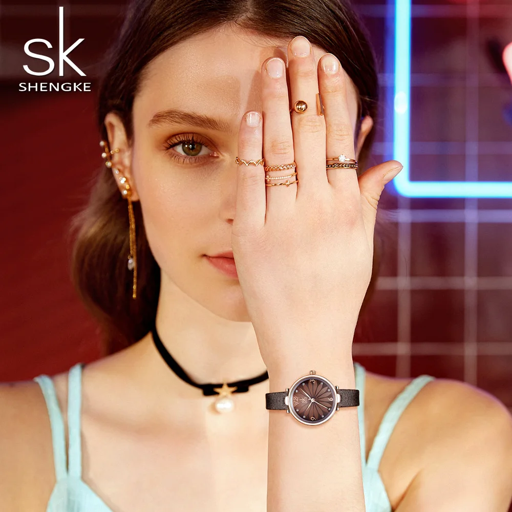 Beste Shengke Lederen Horloge Bloem Wijzerplaat Vrouwen Quartz Horloges Quartz Analoog Vrouwen Horloge Casual Dames Horloges Reloj Mujer