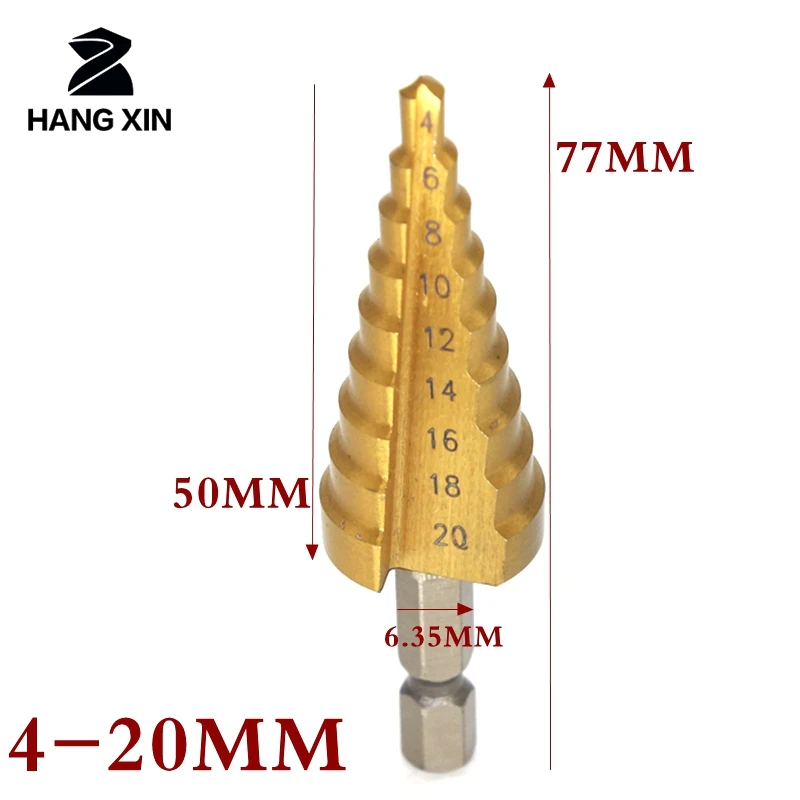 

HANGXIN 4-20mm hss titanium coated step drill bit for metal Straight Flute Pagoda Drill Hexagon Shank woodworking tools