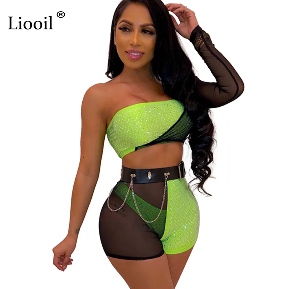 

Liooil Rhinestone 3 Piece Mesh Set Off One Shoulder Sexy Jumpsuit Clubwear 2019 Green Blue Party Rompers Womens Jumpsuit Shorts