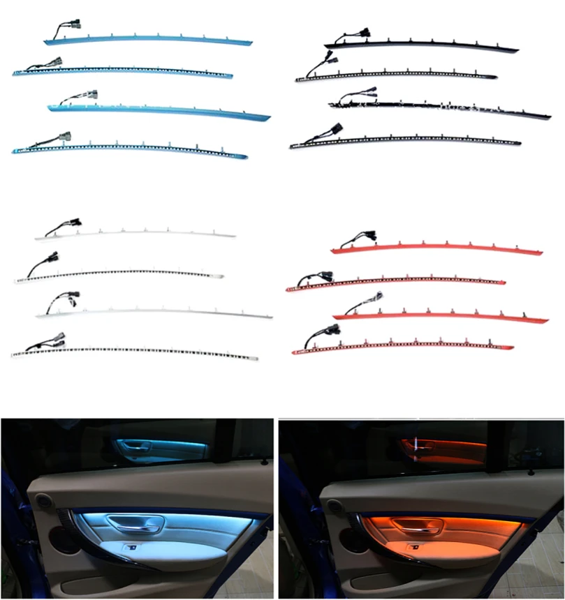 Четыре внутренняя панель двери светодиодный декоративные огни с синими и оранжевыми цветами атмосферные огни для BMW 3 серии F30 12-18