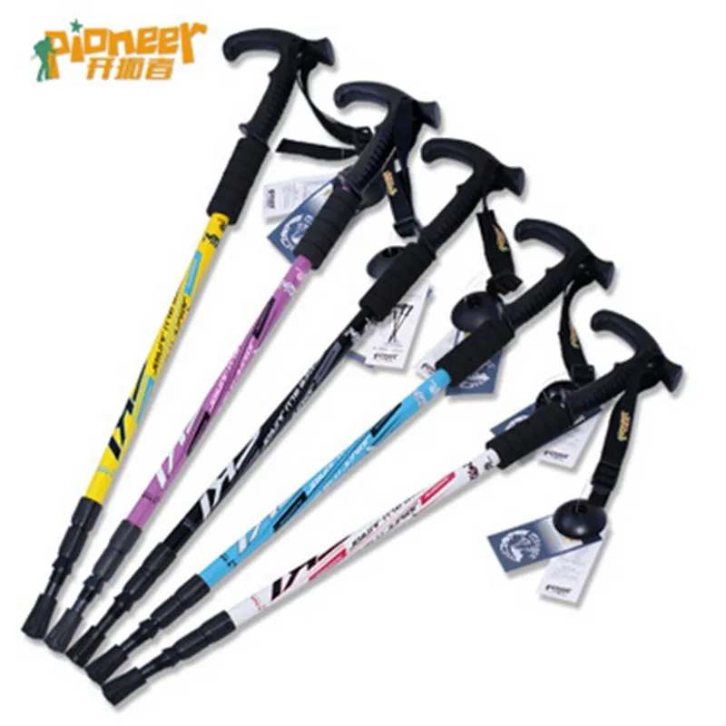 Pólo de Esqui Bengala de Trekking 2018 Muleta Ajustável Caminhadas Esqui Escalada Camping Telescópica Cane Alpenstock Alumínio Choque 11 ajustável caminhadas alpenstock choque alumínio escalada de acampamento cana telescópica