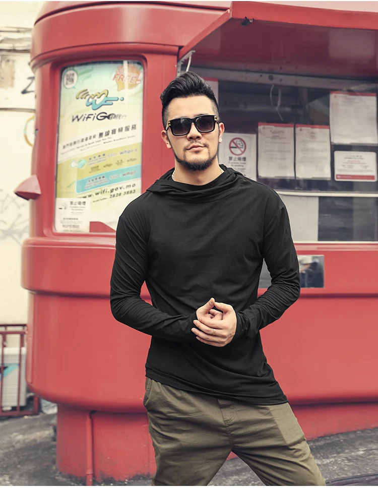 Men Autumn New European Style High Collar Long Sleeve Hooded T-shirt with Cap Men Slim Casual Cotton Irregular T-shirt T908 HTB11VL6XzDuK1Rjy1zjq6zraFXaA - Men Autumn New European Style High Collar Long Sleeve Hooded T-shirt with Cap Men Slim Casual Cotton Irregular T-shirt T908
