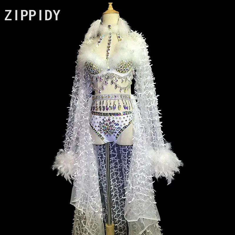 Multicolor Big Rhinestones Feather Bra Short Mesh Long Tail Outfit Set Women's Birthday Party Wear Female Singer Show Costume |