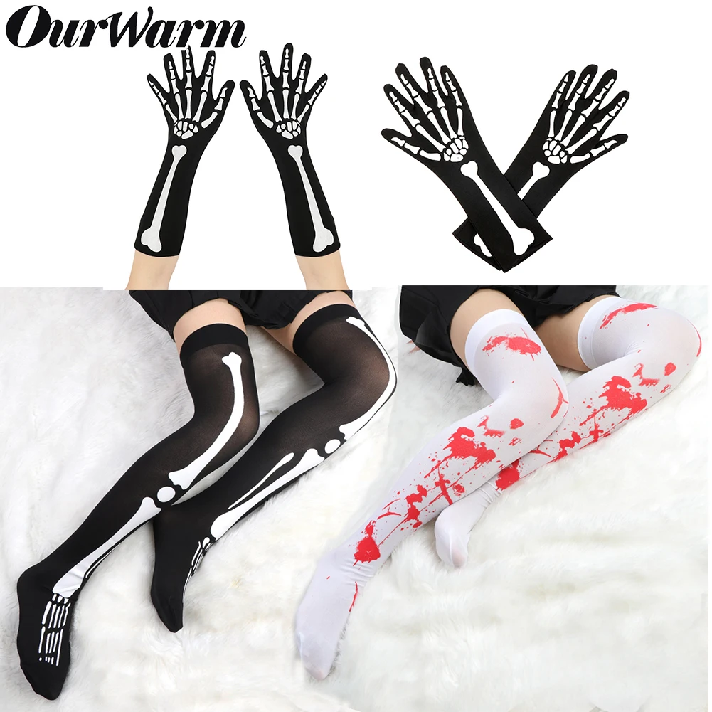 

OurWarm knee High Halloween Socks Black skeleton halloween Socks Gloves Horror Party women's Halloween costumes Thigh High Socks