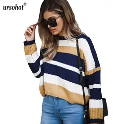 Ursohot осень-зима вниз рукава вязаный свитер Для женщин 2018 Повседневное свободные Стиль Oversize Striped свитера Уличная Топы женские