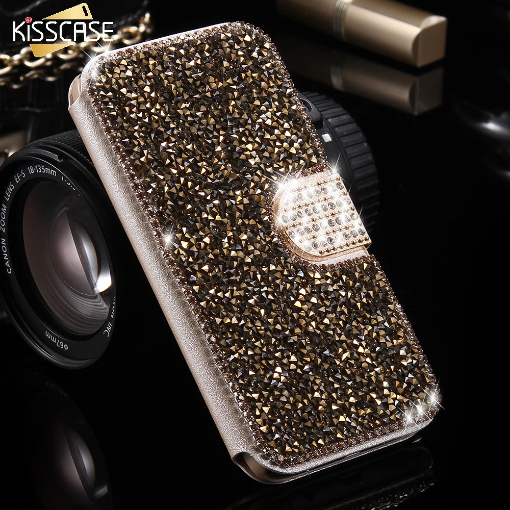 KISSCASE Diamond Phone Cases For Samsung Galaxy S7 edge Luxury Leather Bling Glitter Stand