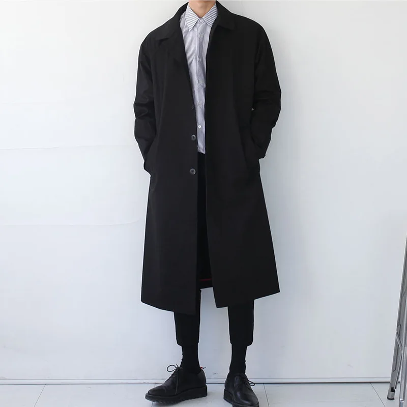 Мужская модная однотонная Повседневная Свободная куртка цвета хаки/черный верхняя одежда пальто для мужчин корейский стиль длинный Тренч кардиган пальто - Цвет: black