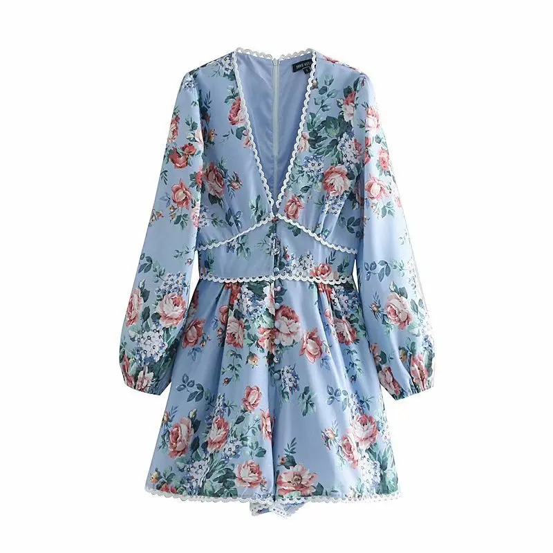 

High Street Women's Printed Rompers Bohemian Playsuits Lace Patchwork Bodysuits High Waist Female Party Vacation Linen Jumpsuits