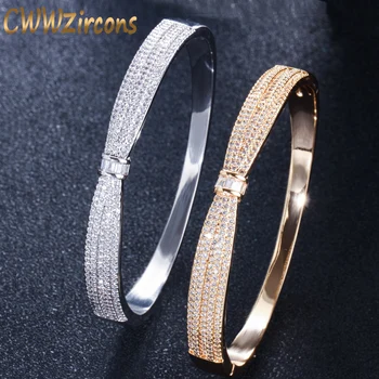 

CWWZircons Fashion Women Accessories CZ Stones Yellow Gold Color Round Open Cuff Bangles Luxury Brand Designer Jewelry BG018