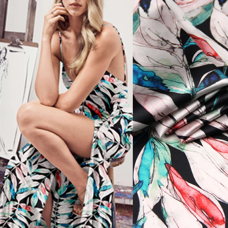 

118CM Wide 19MM 93% Silk & 7% Spandex Blue Green Leaves Print Stretch Silk Satin Fabric for Dress Cheongsam D990